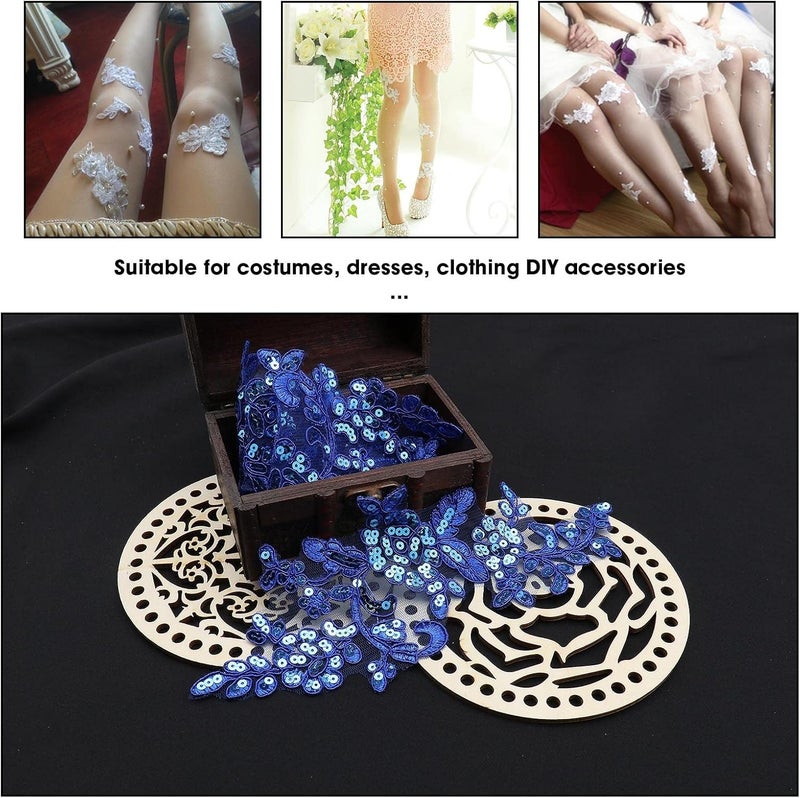 Micro Traders 2 Pairs Embroidery Sequin Lace Appliques Mirror Pair Sew On Flower Fabric Collar Patch for Motif Wedding Gown Dress Bridal Dress DIY Crafts Royal Blue, 23.5x10cm - Image 3